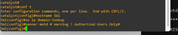 Hostname and banner configured on the switch