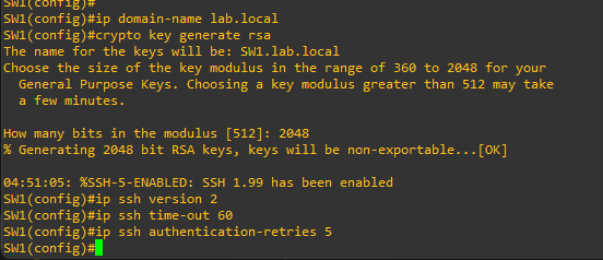 RSA keys generated and SSH version 2 enabled