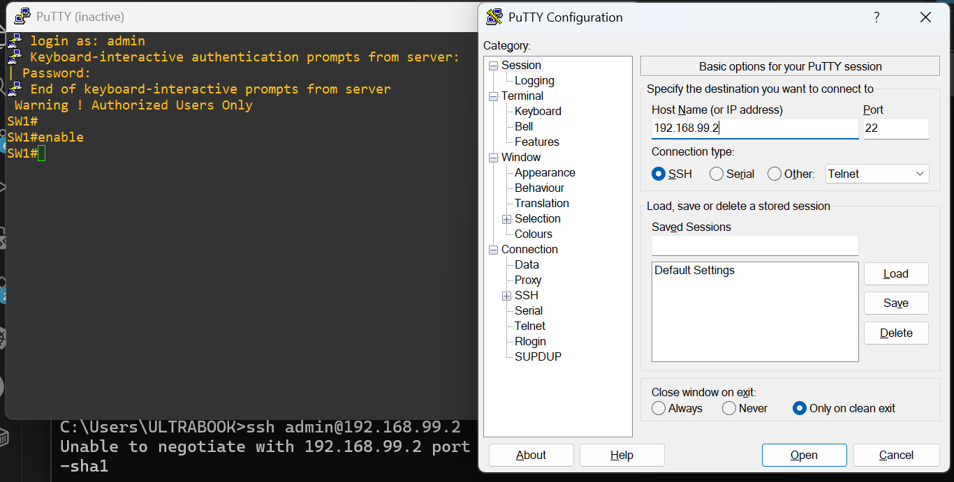 Successful SSH login from Windows to the Cisco Catalyst 3560G