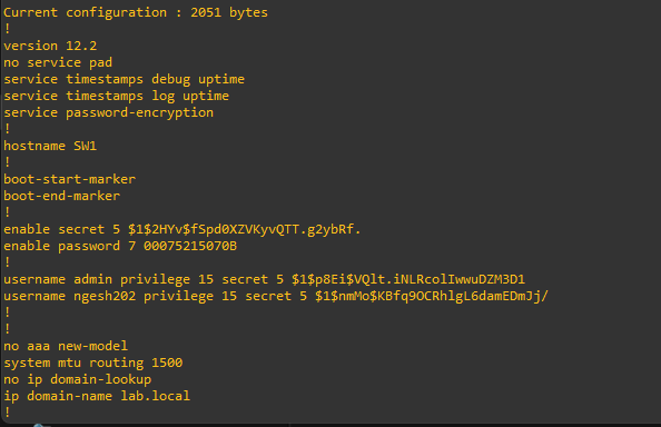 Show running-config confirming full security baseline applied