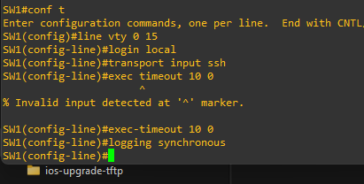 VTY lines restricted to SSH with local authentication